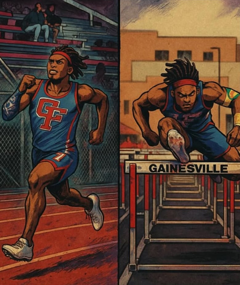 Comic version of a student athlete hurdling in a track and field competition