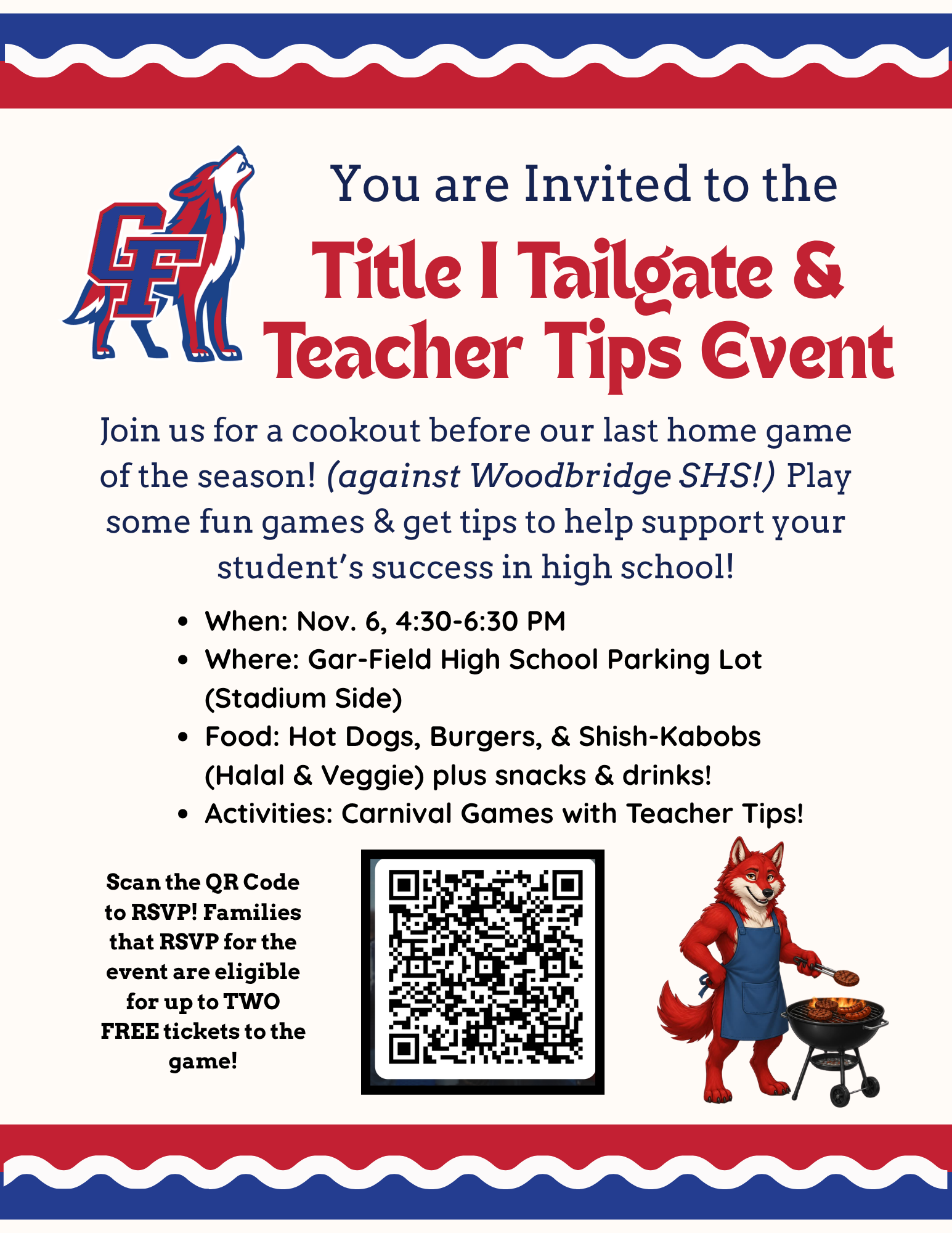 Flyer for Title I Tailgate. All information included in Flyer is listed in the main content of this page. QR code included that 