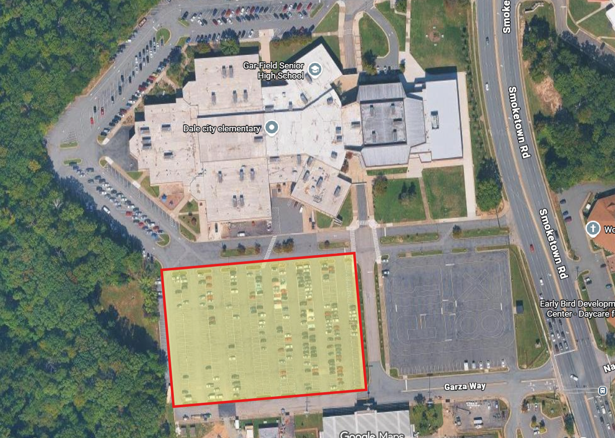 Overhead view of GFHS with Student Parking lot highlighted